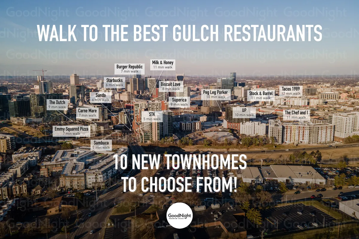 This image features dynamic townhomes, restaurants, and a clear city skyline in the background. Signage highlighting walkability is present, and people are seen socializing in outdoor spaces, reinforcing the lifestyle benefits of the neighborhood.
