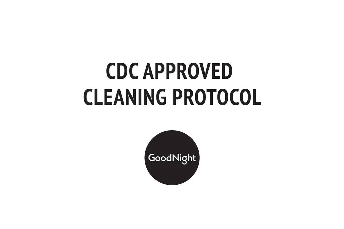 A reassuring visual focusing on text content and a branding logo related to cleaning protocols, emphasizing the importance of cleanliness and guest safety.