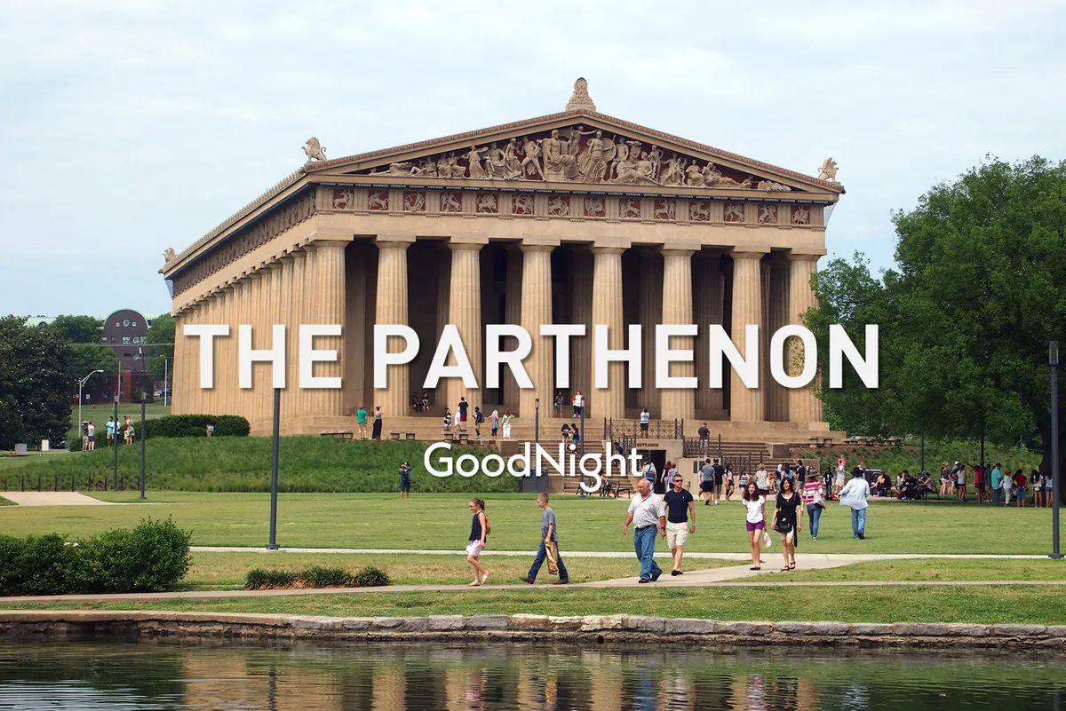 This image features The Parthenon in Centennial Park, with people walking across the green grass and enjoying the outdoors. The iconic monument is prominently displayed, highlighting a major local attraction mentioned in the section. The environment feels lively and celebratory, with families and groups visible, emphasizing group outings and exploration.